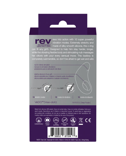 Back of the VeDO Rev box with features and care notes