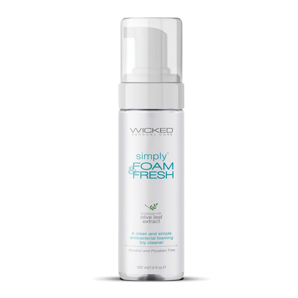 Wicked Sensuals Simply Foam & Fresh Toy Cleaner, a 7 oz (207 ml) bottle, contains olive leaf extract and is alcohol and paraben-free. Enhanced with an antibacterial agent, it provides a safe and effective cleaning experience.