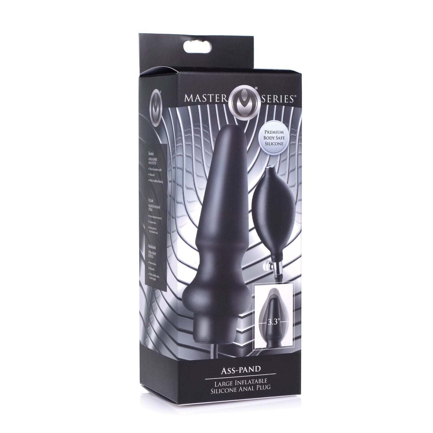 The Master Series Ass-Pand Inflatable Silicone Anal Plug, crafted from body-safe silicone, features sleek box packaging with a metallic geometric backdrop. Designed for use with water-based lubricants, it promises comfort and excitement.