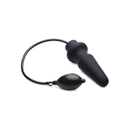 The Master Series Ass-Pand Inflatable Silicone Anal Plug is a black, body-safe silicone device with an attached bulb pump and hose. It tapers at the end with a wider base for controlled inflation. For optimal results, its best to use water-based lubricants.