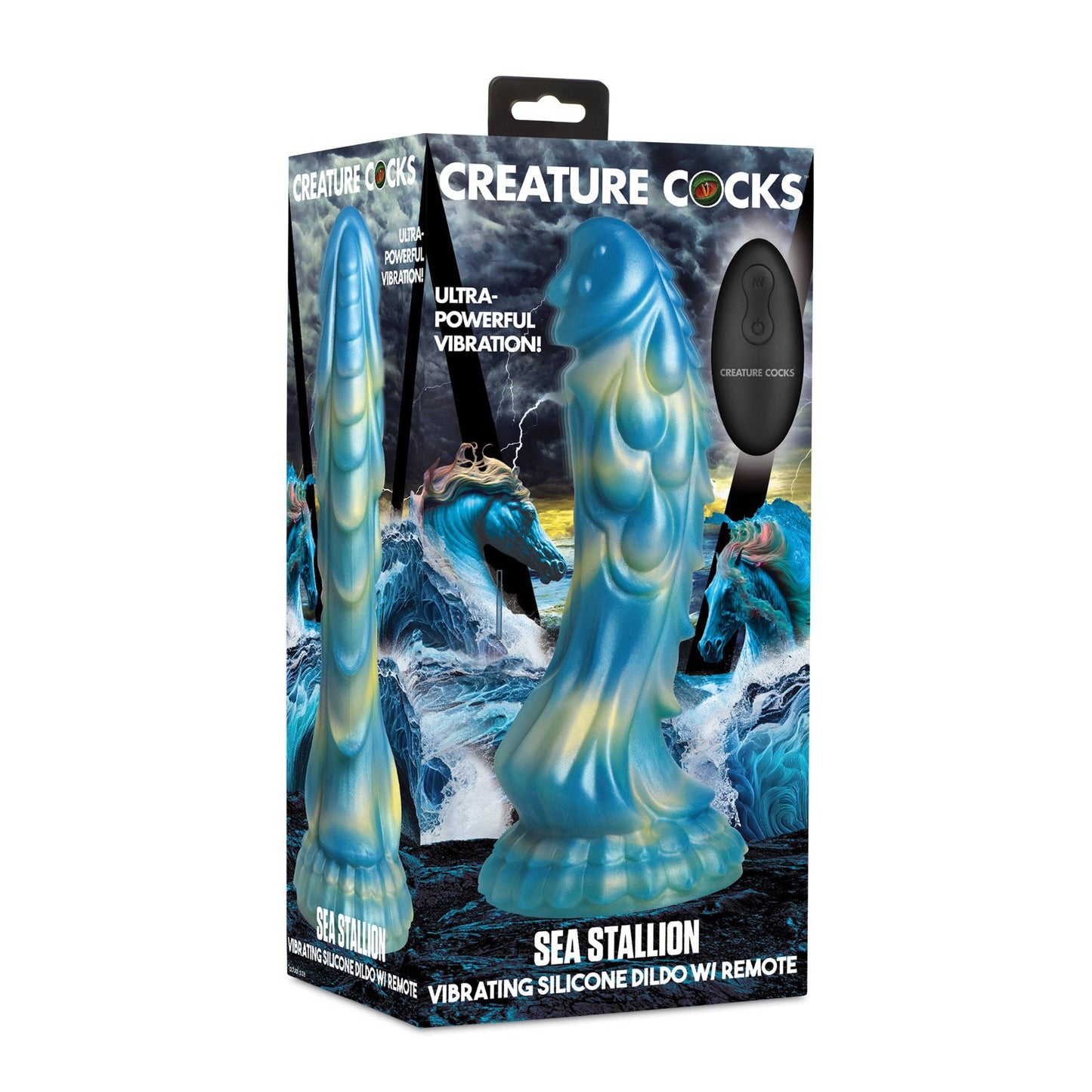 The packaging for the Creature Cocks Sea Stallion Vibrating Dildo features a silicone toy in blue and green with sea-themed wave graphics and an included remote. It emphasizes its waterproof design and impressive vibrating capability.