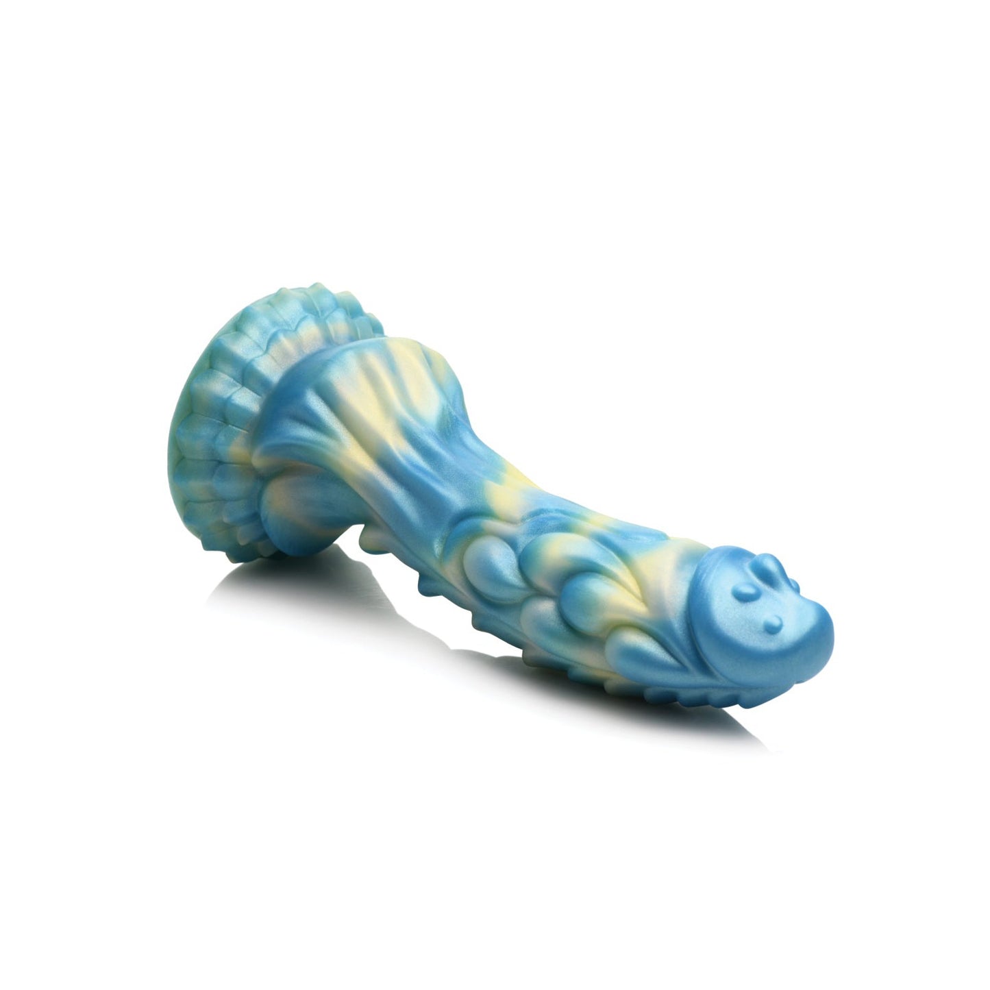 A blue and yellow textured silicone item, similar to the Creature Cocks Sea Stallion Vibrating Dildo with its animal-like design and flared base, features a waterproof build as it sits on a white background.