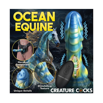 Promotional image for Creature Cocks Sea Stallion Vibrating Dildo features harness compatibility, stimulating texture, unique details, and a remote control. Its vibrant, mythical design pairs with a waterproof construction for adventurous fun.