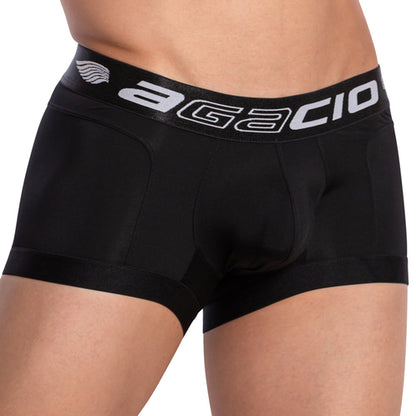 Someone is wearing the chic Agacio Armor Boxer Trunk, featuring a silver Agacio logo on the waistband. The plain white background accentuates its ideal blend of comfort and modern style.