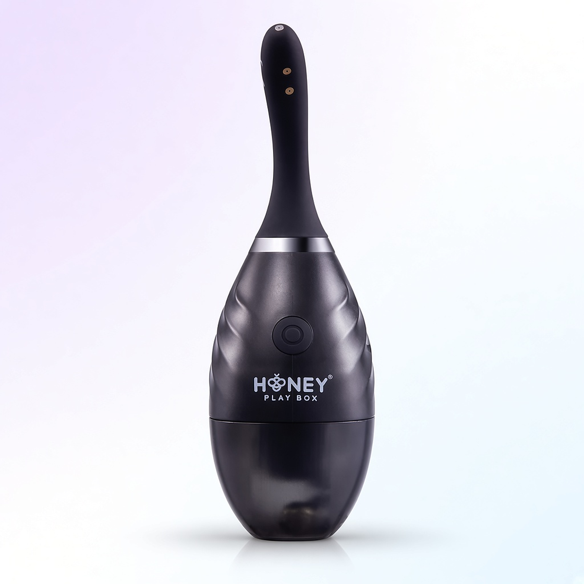 Honey Play Box Bulby auto spray anal douche, black teardrop body with swirled ridges, a single round button and a curved nozzle with small spray holes
