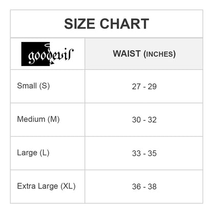 Waist size chart for the Good Devil Jockstrap with a low-waist design: Small 27-29, Medium 30-32, Large 33-35, XL 36-38. Brand name is positioned at the top left.