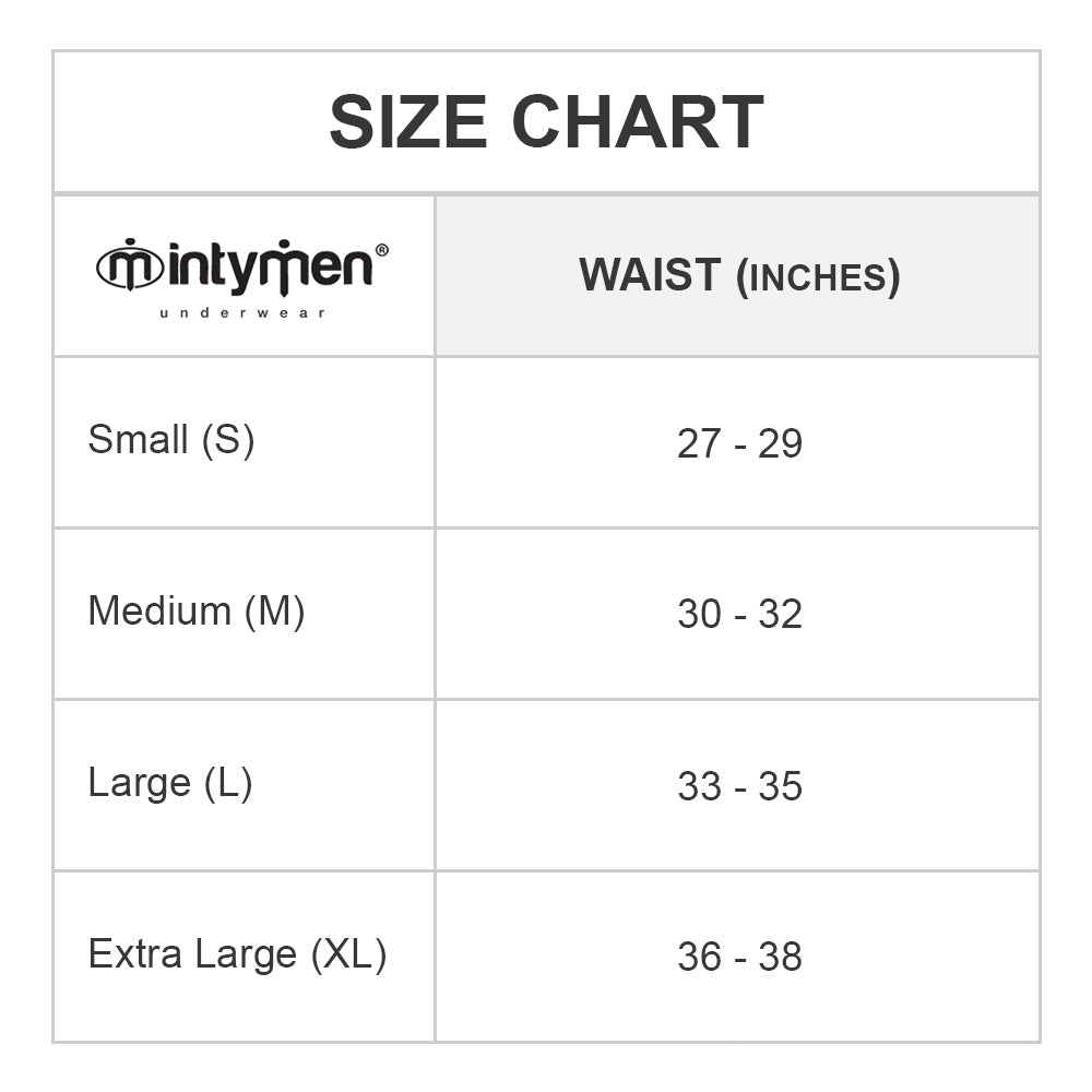 Explore the size chart for Intymen Distortion Brief, offering waist sizes: Small (S) 27-29 inches, Medium (M) 30-32, Large (L) 33-35, and Extra Large (XL) 36-38. Enjoy comfort with sheer side panels and striking prints.