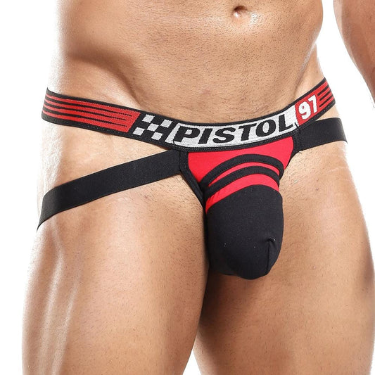 A close-up features a person wearing a Pistol Pete Jockstrap, displaying Pistol and 97 on the waistband. The design, with black elastic straps and premium fabric, accentuates their muscular torso for a bold look.