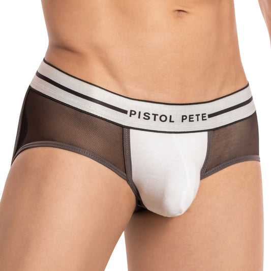 Someone is wearing the Pistol Pete PPE031 Racer Jock, which boasts a branded waistband reading Pistol Pete, mesh side panels, and a solid white front, accentuating the lower torso.