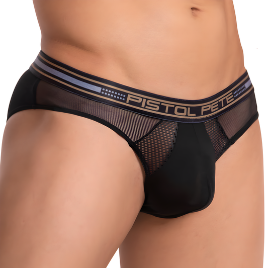 A person is wearing the Pistol Pete PP Extreme Boxer, featuring black mesh briefs with a wide elastic waistband displaying Pistol Pete. The design combines solid and sheer fabric sections, highlighting its stylish and modern appeal on the lower torso.