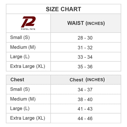 Discover the Pistol Pete PP Extreme Boxer size chart with a cutting-edge design for ideal fit: Waist - Small 28-30, Medium 31-32, Large 33-34, XL 35-36; Chest - Small 34-37, Medium 38-40, Large 41-43, XL 44-46. Enjoy comfort with our premium fabric blend.