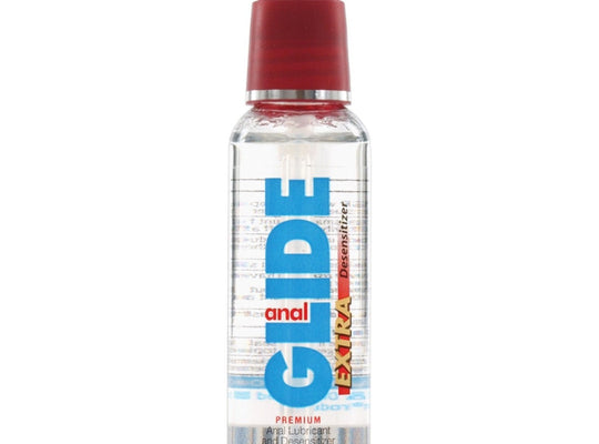 The Body Action Products Anal Glide Extra Anal Lubricant & Desensitizer is a premium 2 fl oz (59 ml) silicone lube in a clear plastic bottle with a red pump top, featuring desensitizing and deodorizing properties for enhanced comfort and ease.