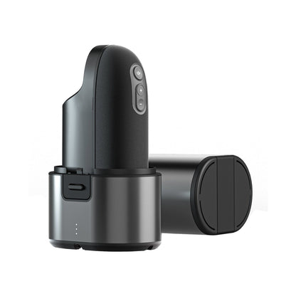 The Arcwave Ion Pleasure Air Masturbator is a sleek, modern black and gray device with touchless technology. Enhanced with CleanTech silicone, it features a front sensor and buttons, accompanied by a matching cylindrical container in the background for an optimal hygienic experience.