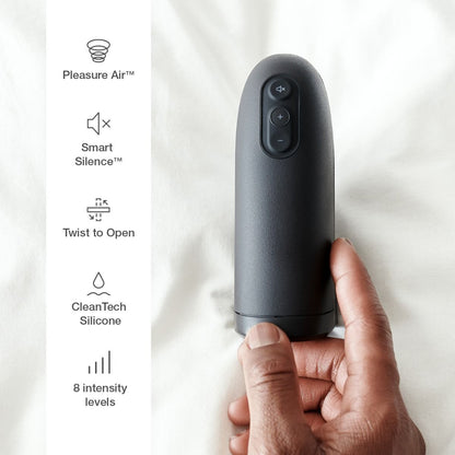 A hand holds the Arcwave Ion Pleasure Air Masturbator, a sleek black device with control buttons. On the left, notable features include revolutionary Pleasure Air™ technology, Smart Silence™, Twist to Open, CleanTech Silicone, and 8 intensity levels against a crisp white background.