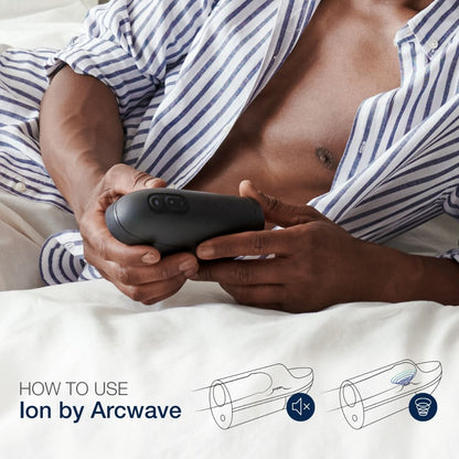 A person in a striped shirt lies on a bed, holding a black device. Illustrations below showcase the Arcwave Ion Pleasure Air Masturbator, emphasizing its comfort and responsiveness thanks to CleanTech silicone targeting Pacinian receptors.