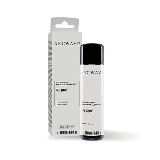 A 3.4 oz bottle of Arcwave Lube by Pjur is showcased with its sleek packaging. The white box with black text emphasizes its promise of long-lasting lubrication, ensuring a smooth, satisfying experience.
