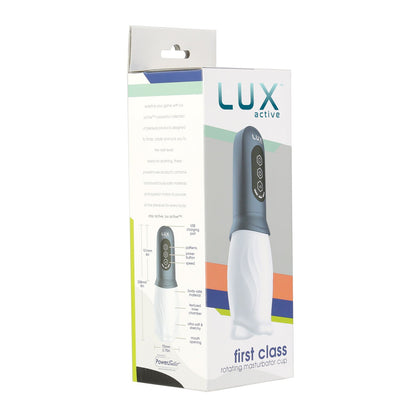 The packaging of the Lux Active First Class Rotating Masturbator Cup by LUX features product images and emphasizes its rotating action and ergonomic design, promising a premium experience.