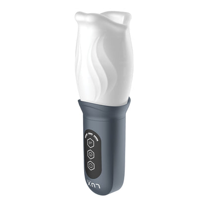 Close-up of the Lux Active First Class Rotating Masturbator Cup by LUX, a white and black handheld device designed ergonomically. The top is textured with petal-like structures, while the lower black part features a control panel with three buttons for premium experiences.