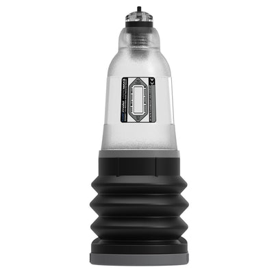 Bathmate Hydromax3 water pump in Clear: a frosted clear chamber with a label and top release valve above a black ribbed bellows base
