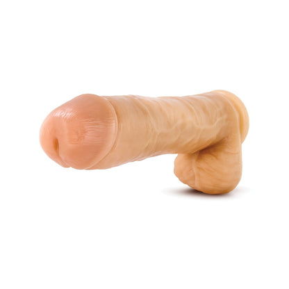 The Blush Hung Rider Hammer 10 Dildo by Blush Novelties, in realistic beige silicone with life-like textures and a strong suction cup base, is elegantly displayed on a plain white background.