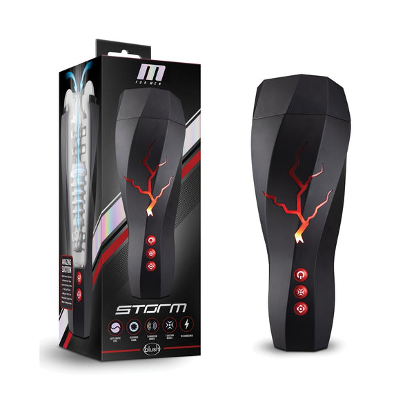 The Blush M for Men Storm Suction Powered Stroker by Blush Novelties is an innovative electronic male masturbator with sleek black design, light-up controls, advanced suction, integrated vibration functions for enhanced sensations, and a durable pleasure cup for easy cleanup and unparalleled experience.