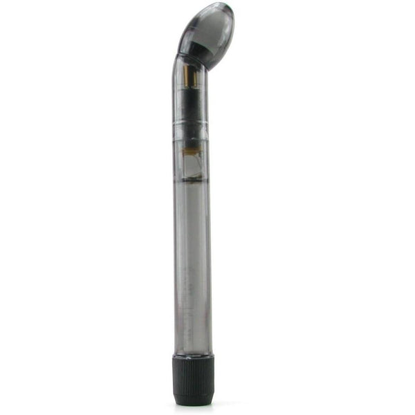 The Dr. Joel Kaplan Prostate Massager by California Exotic Novelties features a clear, cylindrical design with a curved top and black removable base. Its waterproof build offers visibility of internal components, while the textured base ensures a secure grip.