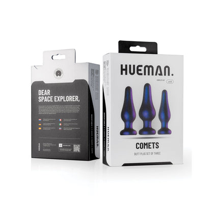 The Hueman Comets Anal Trainer Butt Plug Set in blue features silicone plugs for use with your favorite anal lube. It comes in space-themed packaging that displays product images on the front and usage instructions with features on the back.