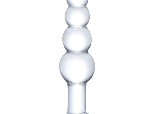 The Glas 7.25 Glass Beaded Butt Plug by Glas features four vertically stacked, increasing spherical segments with a short cylindrical base and wide round bottom for stability, offering both elegance and anal pleasure.