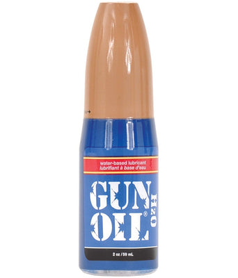 A 2 oz (59 ml) bottle of Gun Oil H2O water-based lubricant, infused with aloe vera for comfort, featuring a brown cap and blue label with the brand name prominently displayed, ensures lasting moisture.