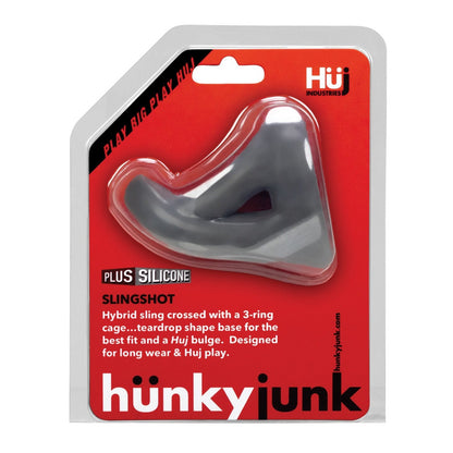 The Hunky Junk Slingshot 3 Ring Teardrop from Hunky Junk has packaging with bold red and white text highlighting PLUS+SILICONE and its suitability for prolonged use, showcasing its hybrid silicone composition with a 3-ring cage design and teardrop base.