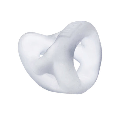 The Hunky Junk Slingshot 3 Ring Teardrop is a hollow, translucent white structure featuring three interconnected loops and a teardrop base. Made from plus+silicone, it blends modern design with innovative materials, looking like an abstract sculpture or futuristic toy.