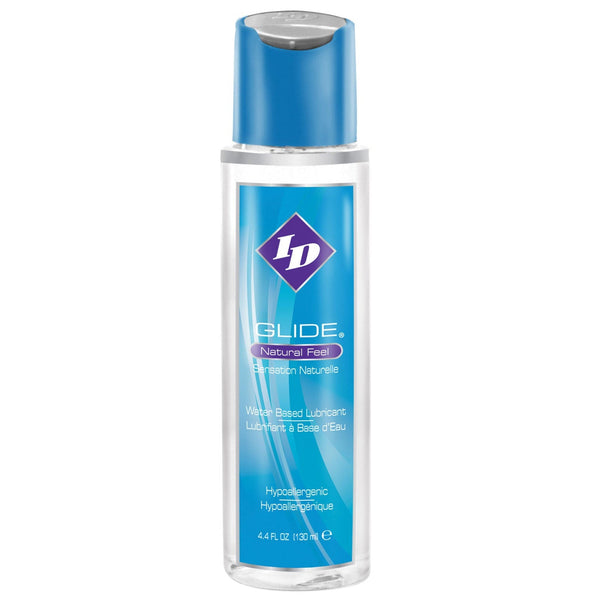 A clear 4.4 fl oz (130 ml) bottle of ID Glide Water Based Lubricant by Adams Toy Box has a blue label, offers long-lasting glide, and features hypoallergenic, medical-grade ingredients for enhanced comfort and peace of mind.