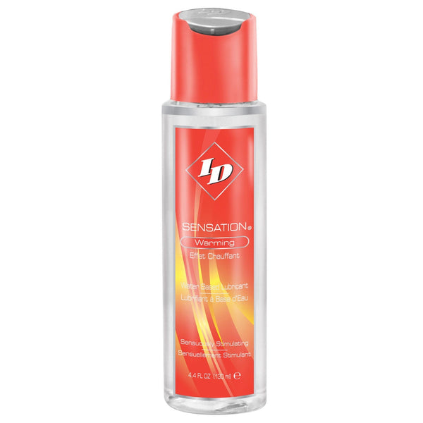 The ID Sensation Waterbased Warming Lubricant by ID comes in a clear 4.4 fl oz (130 ml) bottle with a red label, perfect for enhancing intimacy. Its latex-safe, features a grey cap, and offers a warming effect for a smooth experience.