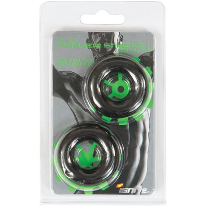 The IGNITE packaging includes two black and green power strength grips, offered as Ignite Thick Power Stretch Donuts, ideal for intense workouts. A muscular figure on a monochrome background captures the bold essence of the Si Novelties brand.