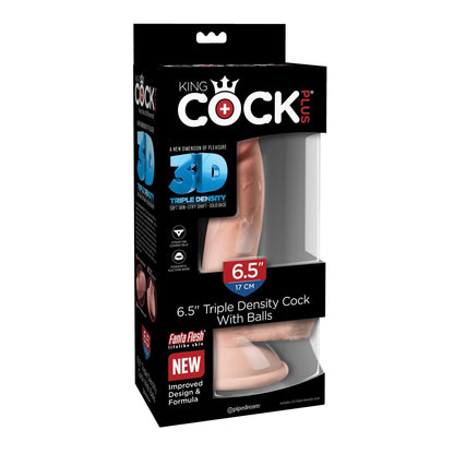 The King Cock Plus 6.5 Triple Density Cock with Balls by King Cock features 3D Triple Density, a lifelike, flesh-toned texture, and a suction cup base. The product box emphasizes its Improved Design & Formula with Fanta Flesh and realistic details.