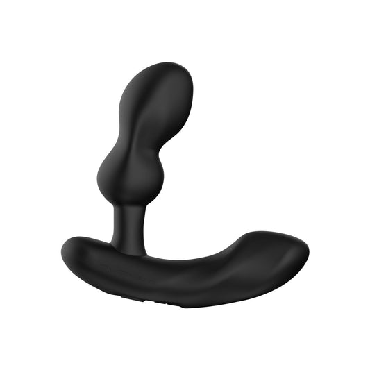 The Lovense Edge 2 Flexible Prostate Massager by Lovense is a matte black device with an adjustable, curved design. It offers a textured, bulbous insertable section with dual motors for intense P-spot stimulation and features a wider base for secure grip and comfort.