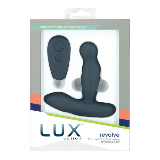 The Lux Active Revolve 4.5 Rotating & Vibrating Anal Massager from LUX features a sleek anal plug and vibrating massager in premium silicone with PowerBullet technology, both device and remote flaunting a matte black finish.