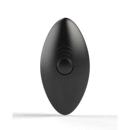 A sleek, black teardrop-shaped electronic device with a central circular button mirrors the intuitive design of Nexus Quattro Vibrating Anal Balls. Curved lines symbolize connectivity similar to Remote Control functions. The device stands upright on a white background.