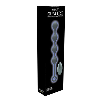 The stylish black packaging of Nexus Quattro Vibrating Anal Balls highlights its four glowing connected spheres and user-friendly remote. Bold text accentuates the product name and features, promising a unique experience.