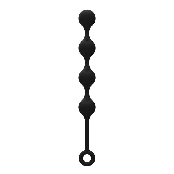 Discover the Nexus Quattro Vibrating Anal Balls by Nexus: crafted from sleek black silicone with progressively larger round spheres, a loop handle for easy grip, and remote-controlled vibrations discreetly embedded for personal pleasure.