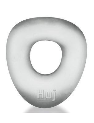 A frosted gray, doughnut-shaped Hunky Junk Hunkyjunk Form Cock Ring made from stretchy rubber has a smooth surface and a central hole, with Huji engraved at the bottom.