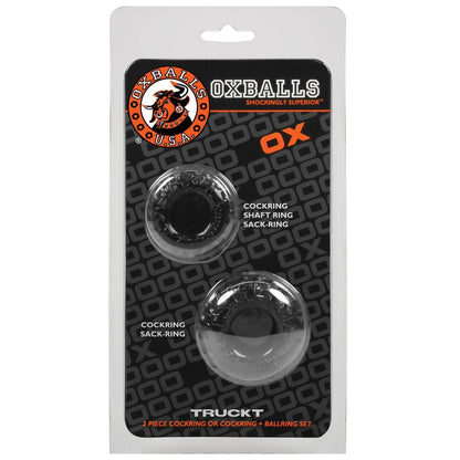 The packaging for the Oxballs TruckT Cock & Ball Ring - Pack of 2 features two black rings crafted from Skinflex TPR, with prominent Oxballs branding and informative text detailing their contents and unique benefits.