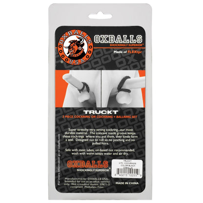 The Oxballs TruckT Cock & Ball Ring - Pack of 2 packaging features product information and images, made from Skinflex TPR, for enhancement purposes. Instructions and warnings are on the back.