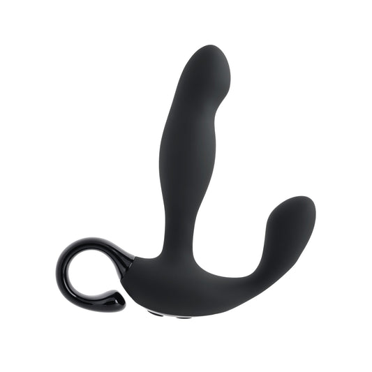 The Playboy Pleasure Come Hither Prostate Massager - 2 AM is a black, body-safe silicone prostate massager featuring a curved design and loop handle for comfort and ease of use.