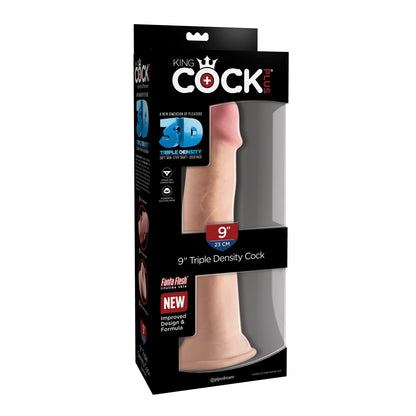 The King Cock Plus 9 Triple Density Cock dildos packaging highlights its Triple Density technology and Fanta Flesh material within a predominantly black box with bold red and white text, emphasizing its realistic skin-toned design.