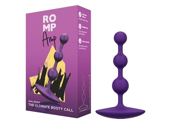 The image shows a box and purple silicone anal beads, branded as ROMP Amp Flexible Anal Beads. The package describes them as The Ultimate Booty Call. These orgasm intensifiers have a bulbous design with three graduated sections for enhanced pleasure.