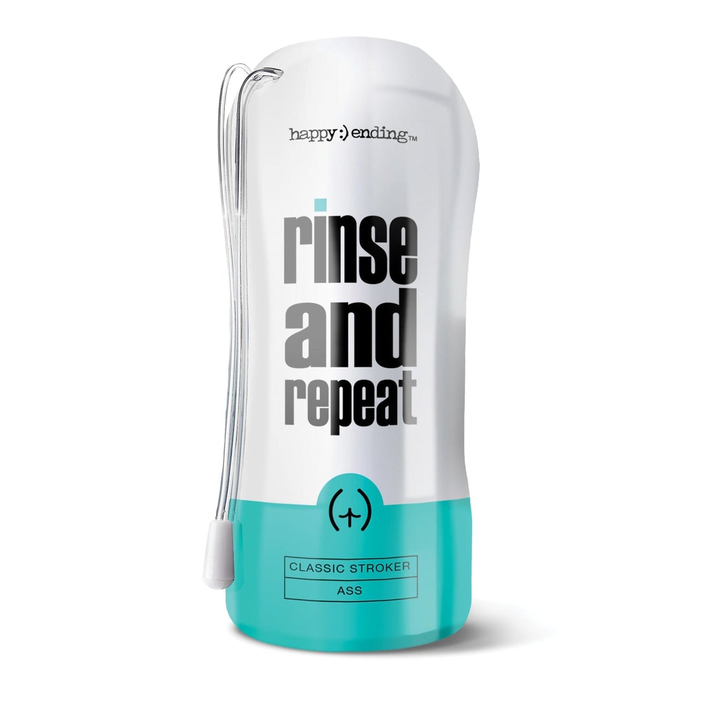 A teal and white bottle, branded Happy :) Ending, labeled Rinse & Repeat Classic Ass, features a narrow top, wider base, and a pump with a white cord. Its design resembles the textured tunnel of a masturbator made from stretchy material.