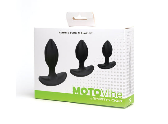 The Sport Fucker MotoVibe Plug N Play Kit features three black, vibrating plugs of varying sizes, all packaged on a white and green backdrop. Ideal for enhancing your booty workout routine.