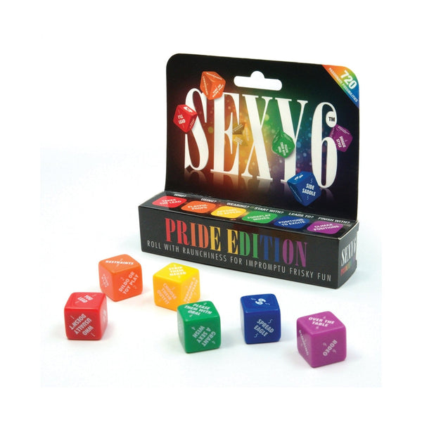 Adams Toy Box presents the Sexy 6 Dice Game - Pride Edition, a portable foreplay game with six colorful dice featuring playful phrases and activities. Its vibrant rainbow-themed packaging celebrates pride while enhancing any sexual experience.