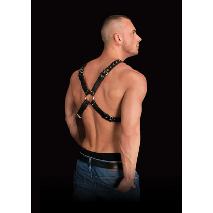 A muscular man poses shirtless against a black background, highlighting the Adonis High Halter by Adams Toy Box. The harness, featuring gleaming metal O-rings and buckles, pairs strikingly with his jeans to complete the edgy look.